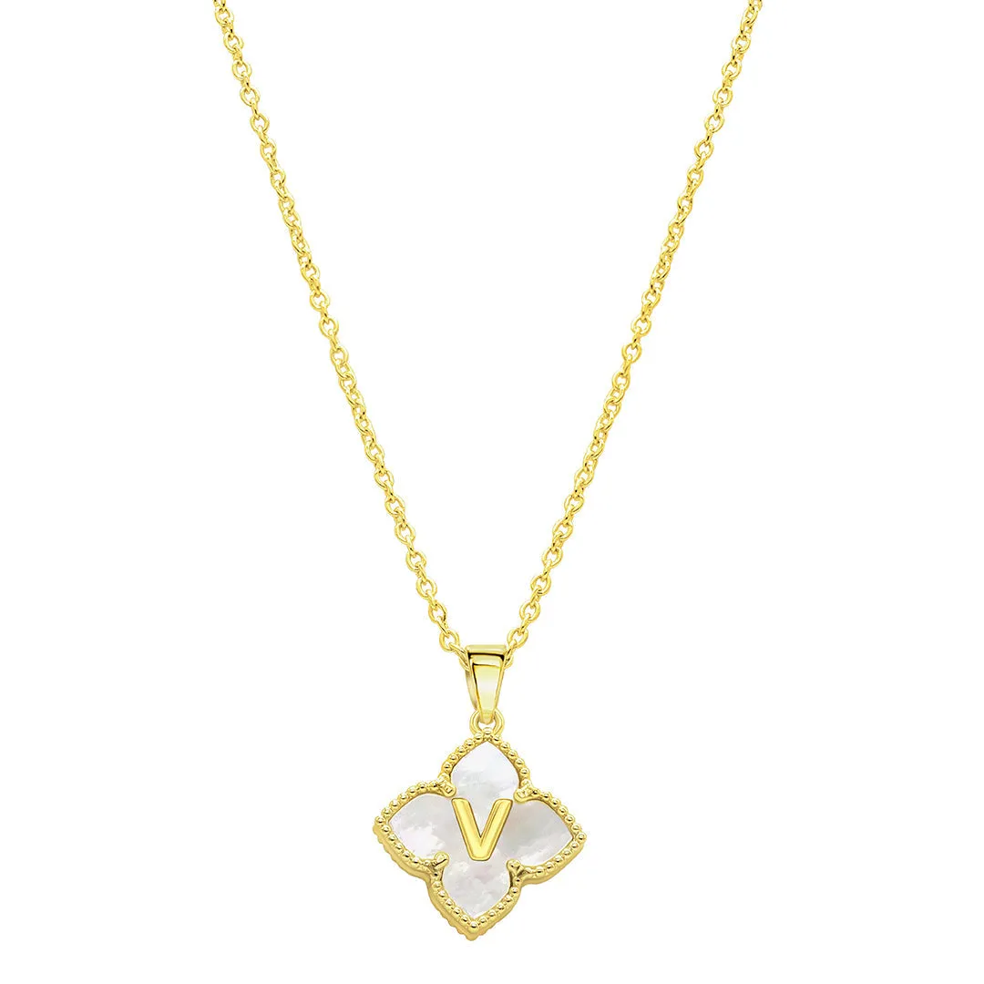 14k Gold Plated White Mother of Pearl Initial Floral Necklace