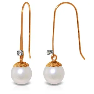 14K Solid Rose Gold Fish Hook Diamond & Pearl Earrings Jewelry