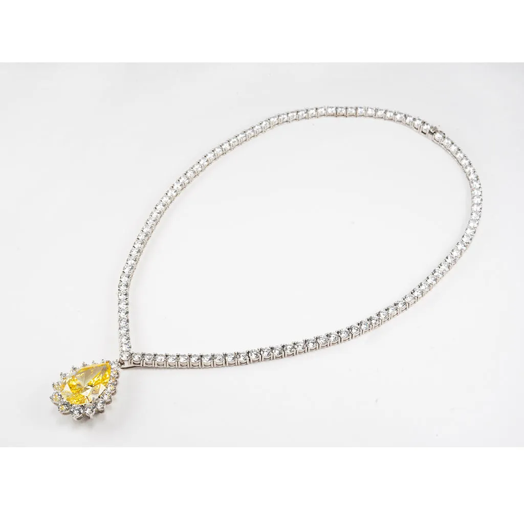 14k White Gold And CZ Canary Tear Drop Necklace 16"