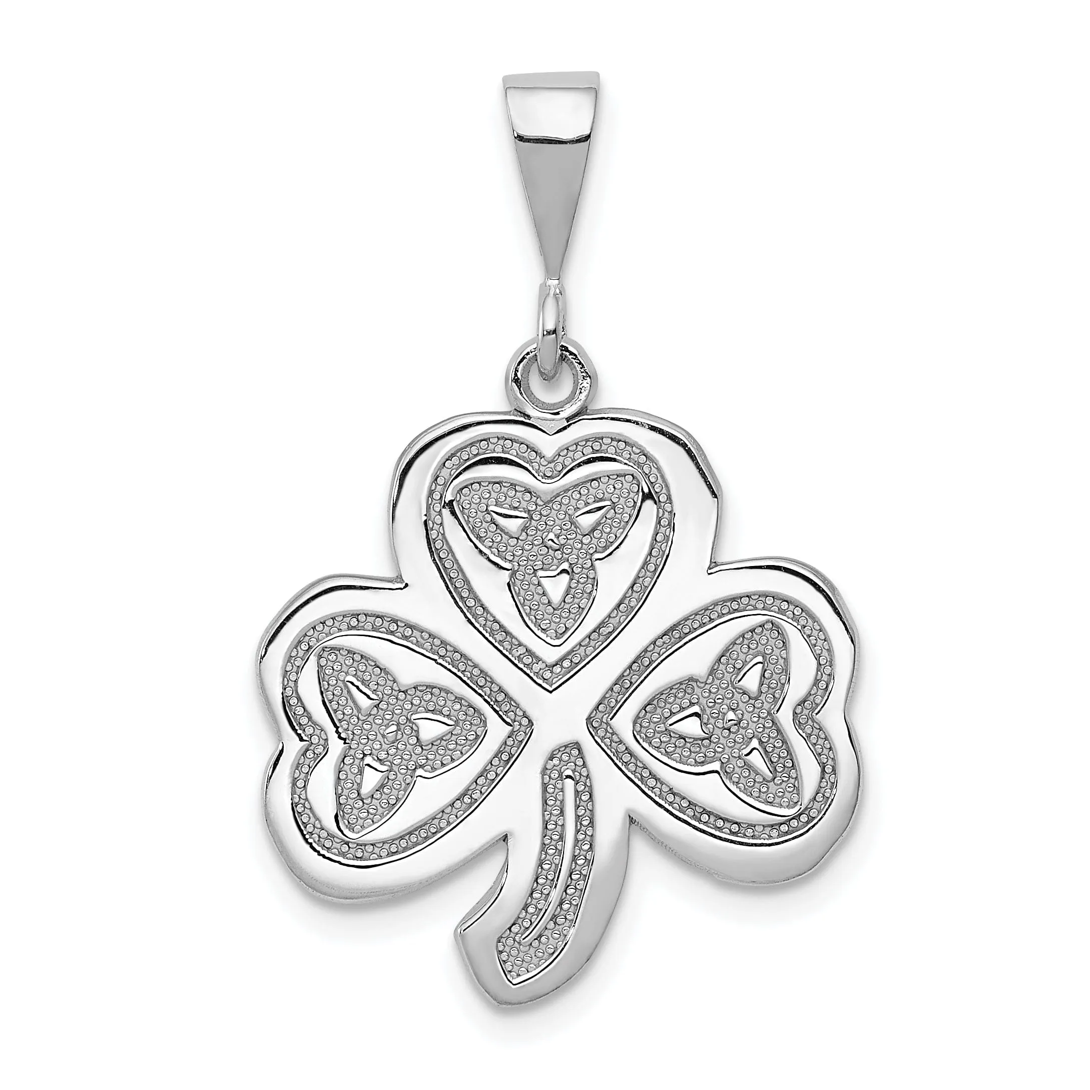 14k White Gold Textured Polished Finish Trinity Design Clover Charm Pendant