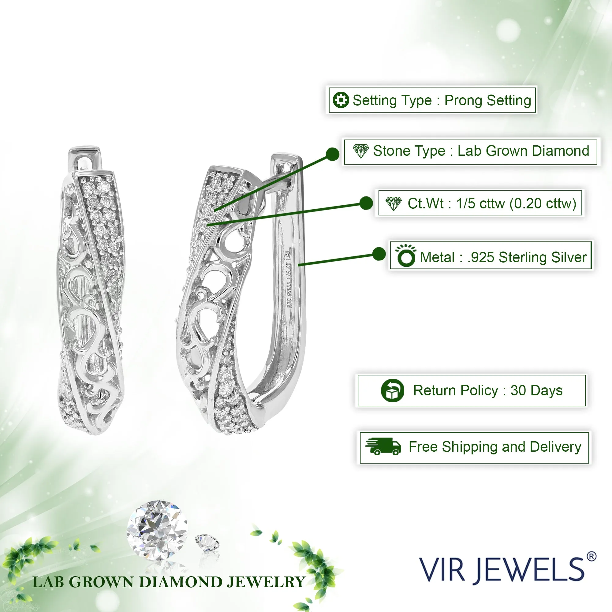 1/5 cttw 66 Stones Round Lab Grown Diamond Hoop Earrings .925 Sterling Silver Prong Set 1/2 Inch