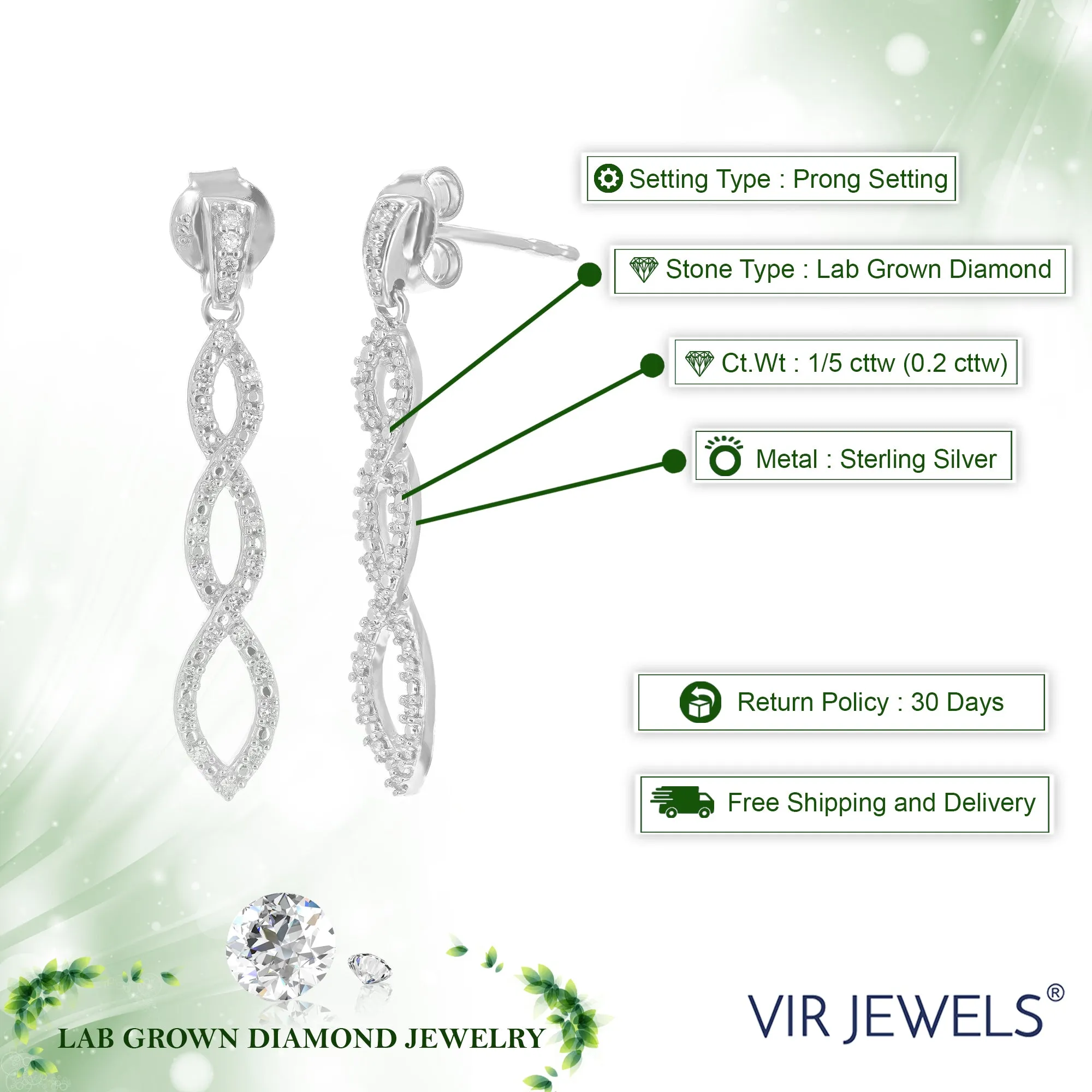 1/5 cttw Lab Grown Diamond Dangle Earrings .925 Sterling Silver Prong Set 1 1/4 Inch