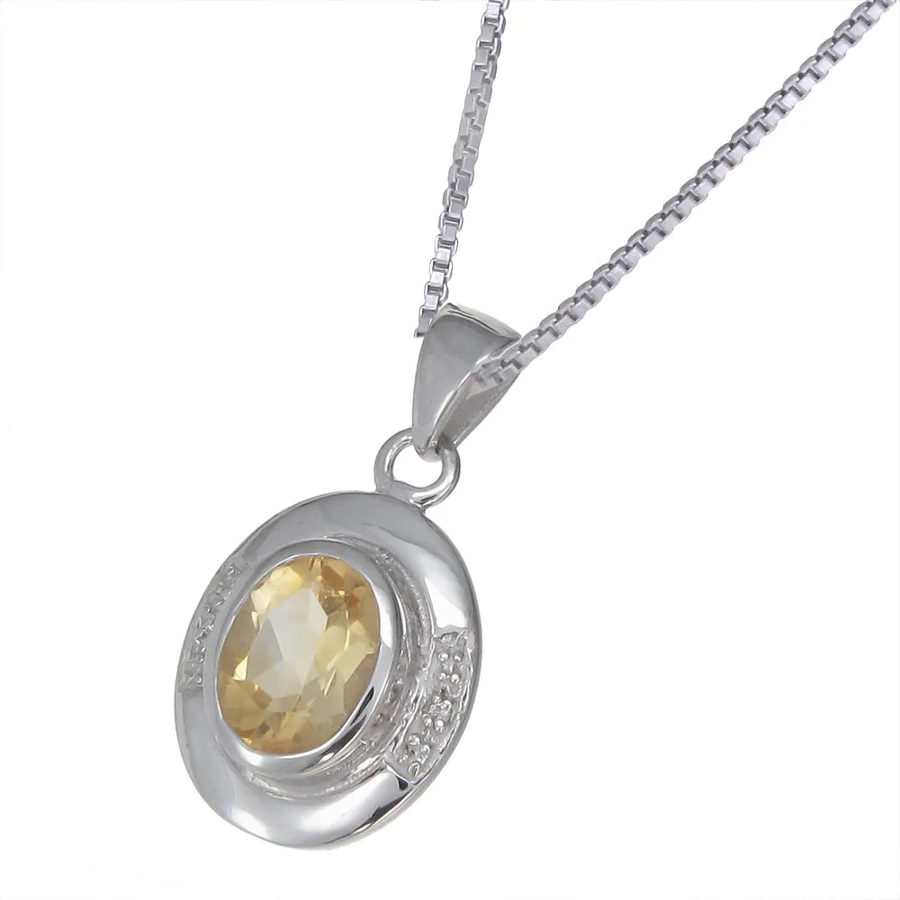 1.60 cttw Pendant Necklace, Citrine and Diamond Pendant Necklace for Women in .925 Sterling Silver with Rhodium, 18 Inch Chain, Bezel Setting