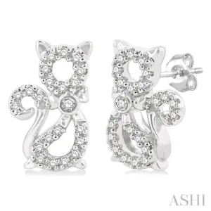 1/8 ctw Petite Cat Motif Round Cut Diamond Fashion Stud Earring in 10K White Gold