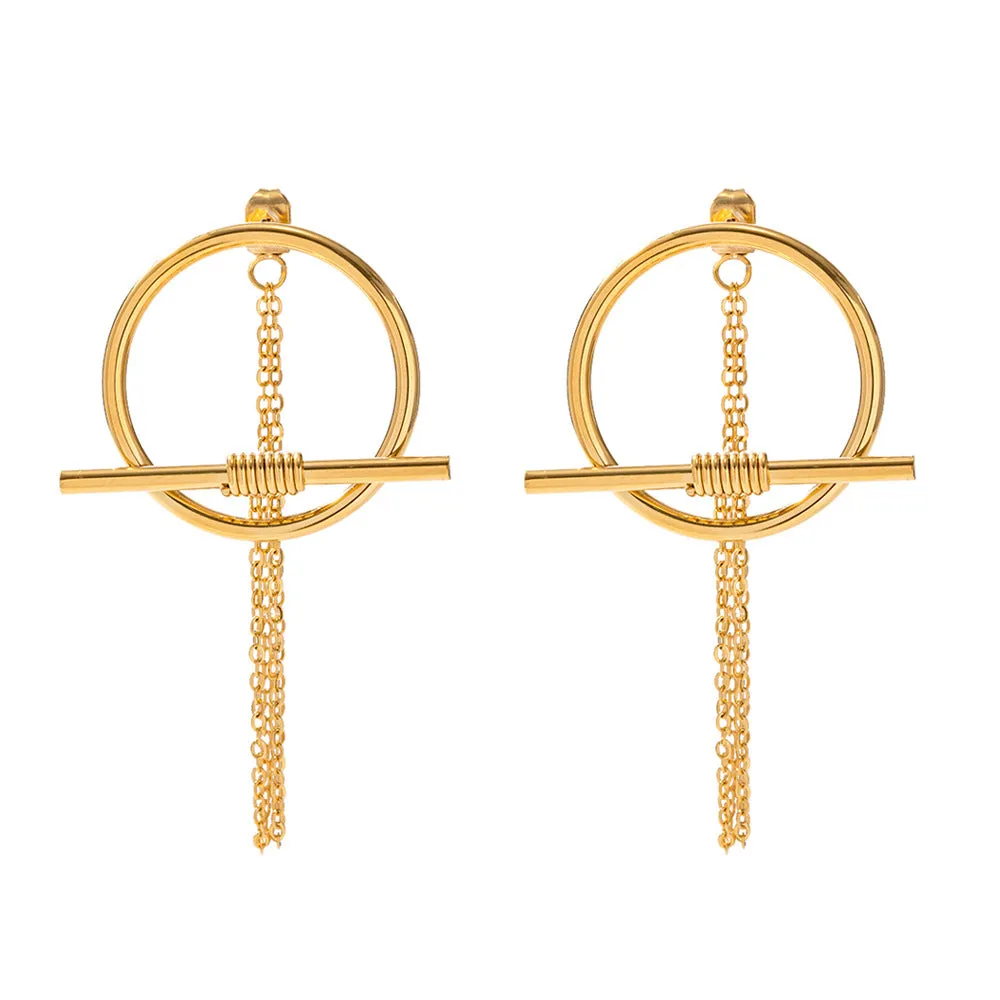 18K Gold Fashion Simple Geometric OT Buckle Tassel Chain Design Versatile Earrings