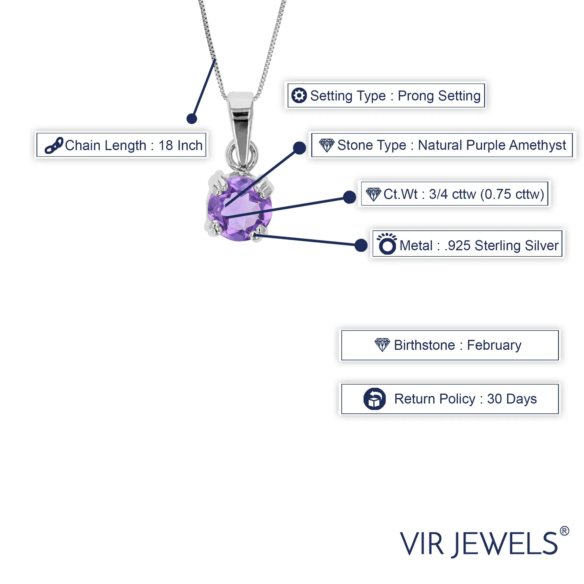 3/4 cttw Pendant Necklace, Purple Amethyst Pendant Necklace for Women in .925 Sterling Silver with Rhodium, 18 Inch Chain, Prong Setting