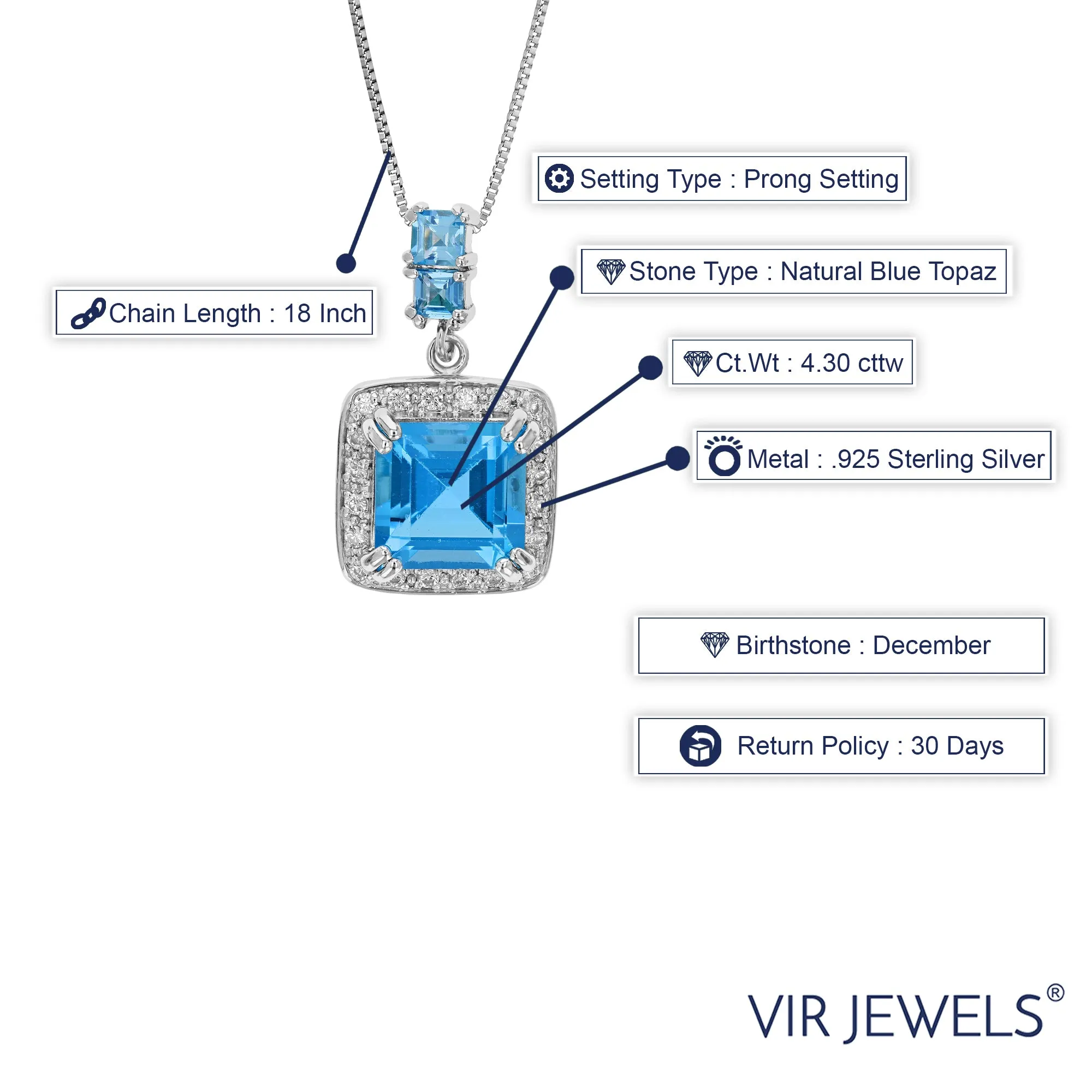 4.30 cttw Pendant Necklace, Swiss Blue Topaz Pendant Necklace for Women in .925 Sterling Silver with Rhodium, 18 Inch Chain, Prong Setting