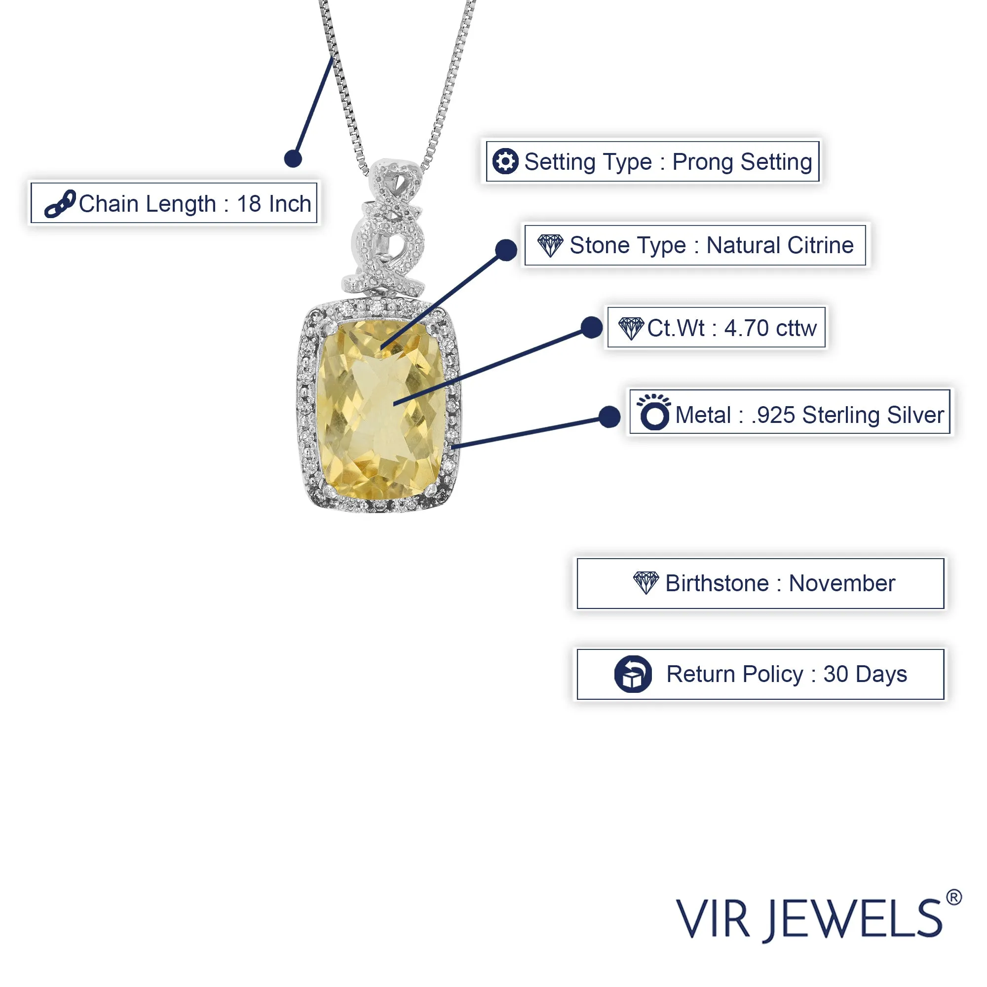 4.70 cttw Pendant Necklace, Citrine Cushion Cut Pendant Necklace for Women in .925 Sterling Silver with Rhodium, 18 Inch Chain, Prong Setting