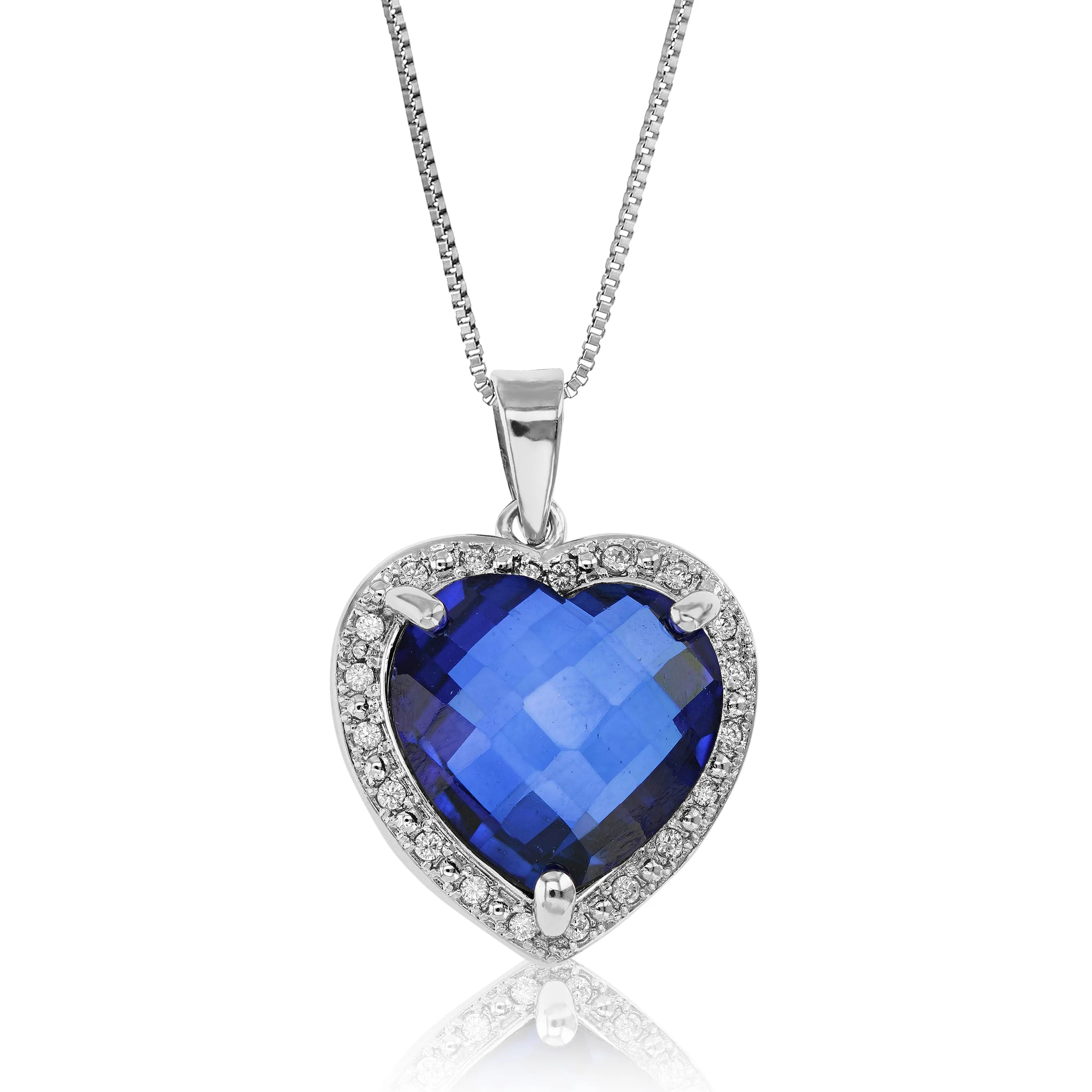 5.5 cttw Pendant Necklace, Created Sapphire Heart Shape Pendant Necklace for Women in Brass with Rhodium Plating, 18 Inch Chain, Prong Setting