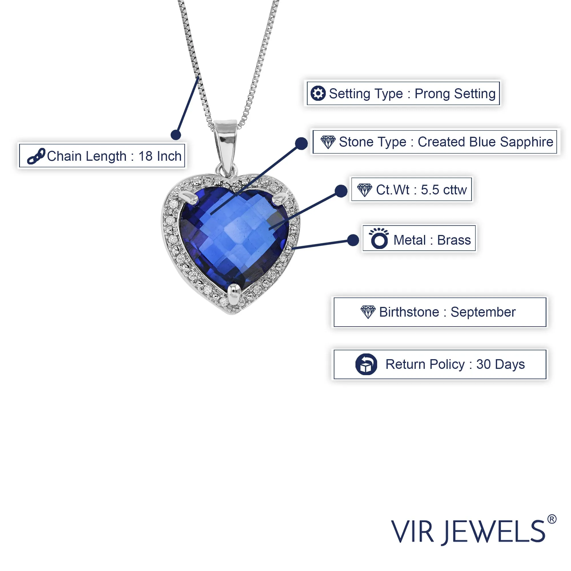 5.5 cttw Pendant Necklace, Created Sapphire Heart Shape Pendant Necklace for Women in Brass with Rhodium Plating, 18 Inch Chain, Prong Setting