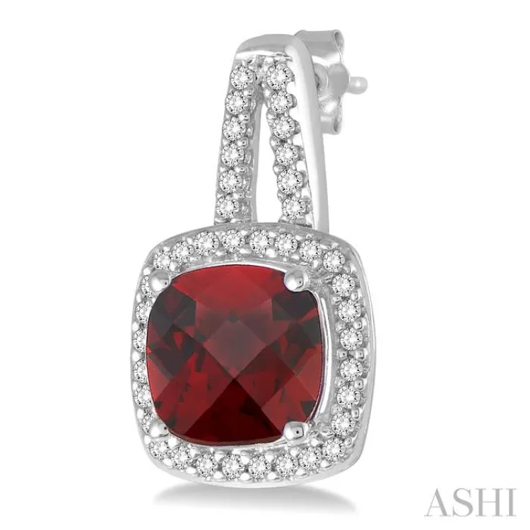 7x7 MM Cushion Cut Garnet and 1/4 Ctw Round Cut Diamond Earrings in 10K White Gold