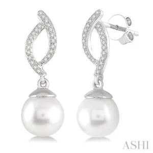 7x7 MM Round Cut Cultured Pearls and 1/6 Ctw Round Cut Diamond Earrings in 14K White Gold