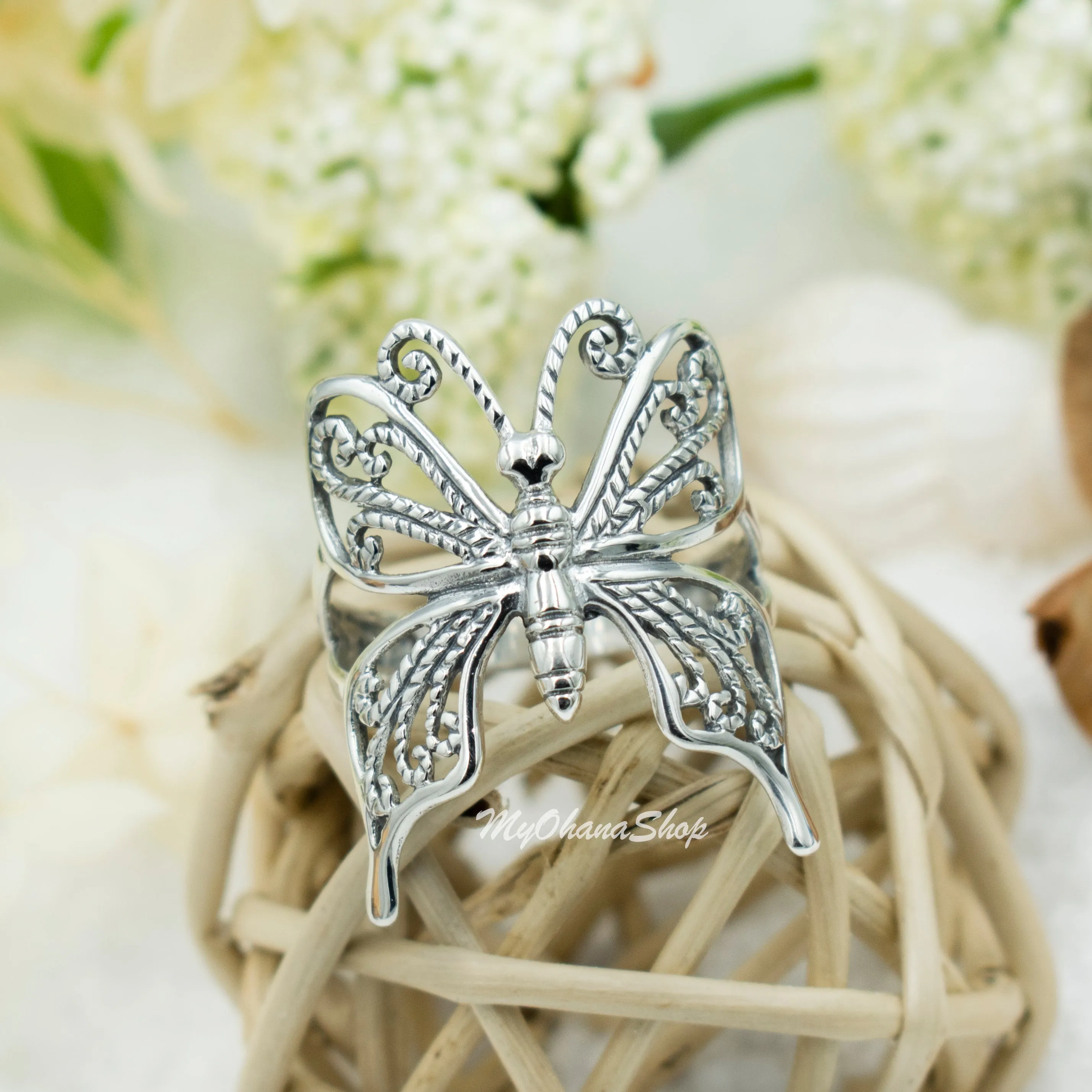 925 Sterling Silver Large Butterfly Ring For Women, Girls.  25mm Wide Cutout, Filigree Butterfly Ring.  Tropical Animal, Fairy Jewelries.