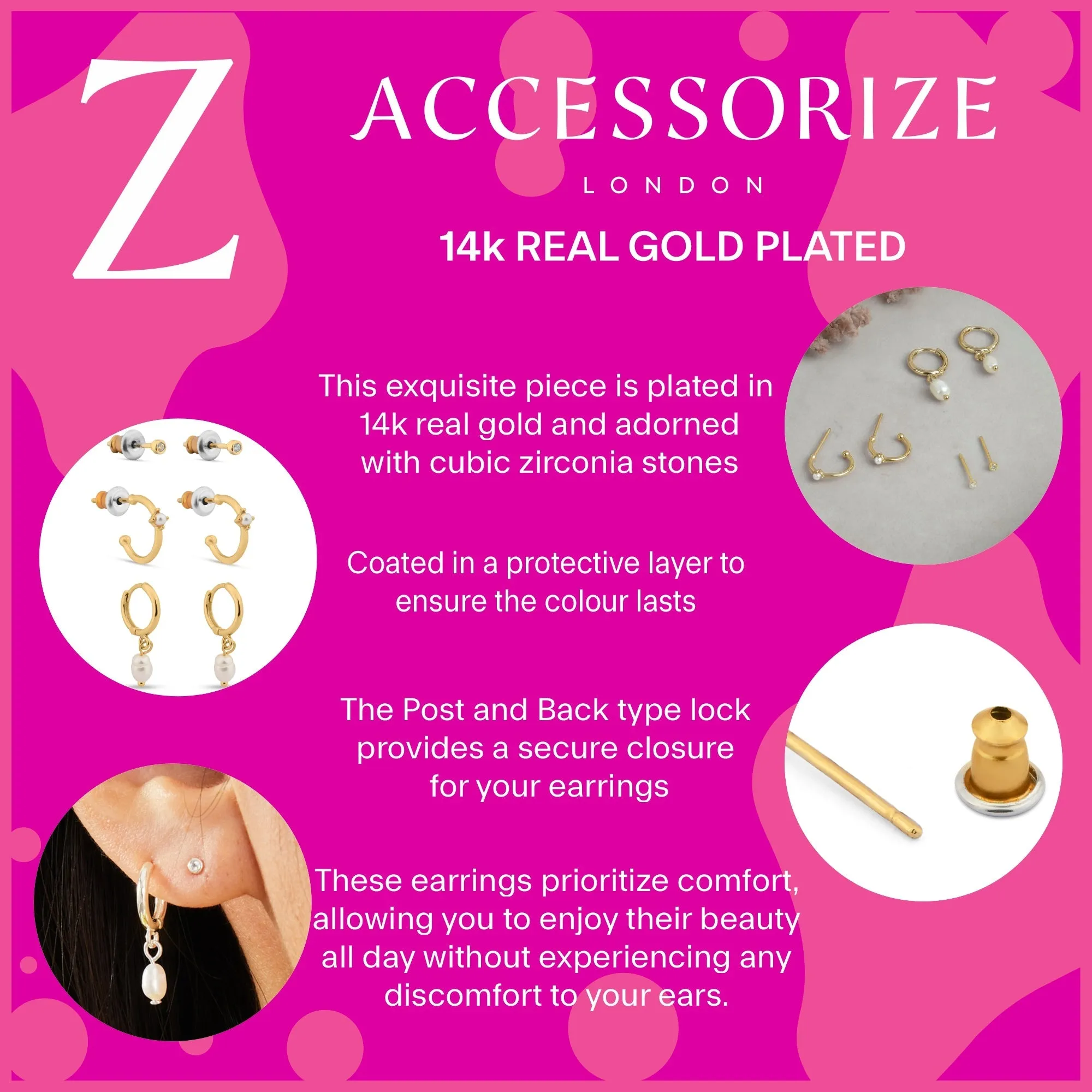 Accessorize London Women's Z Real Gold-Plated Cubic Zirconia Pearl Stud And Hoop Earrings Set Of Three