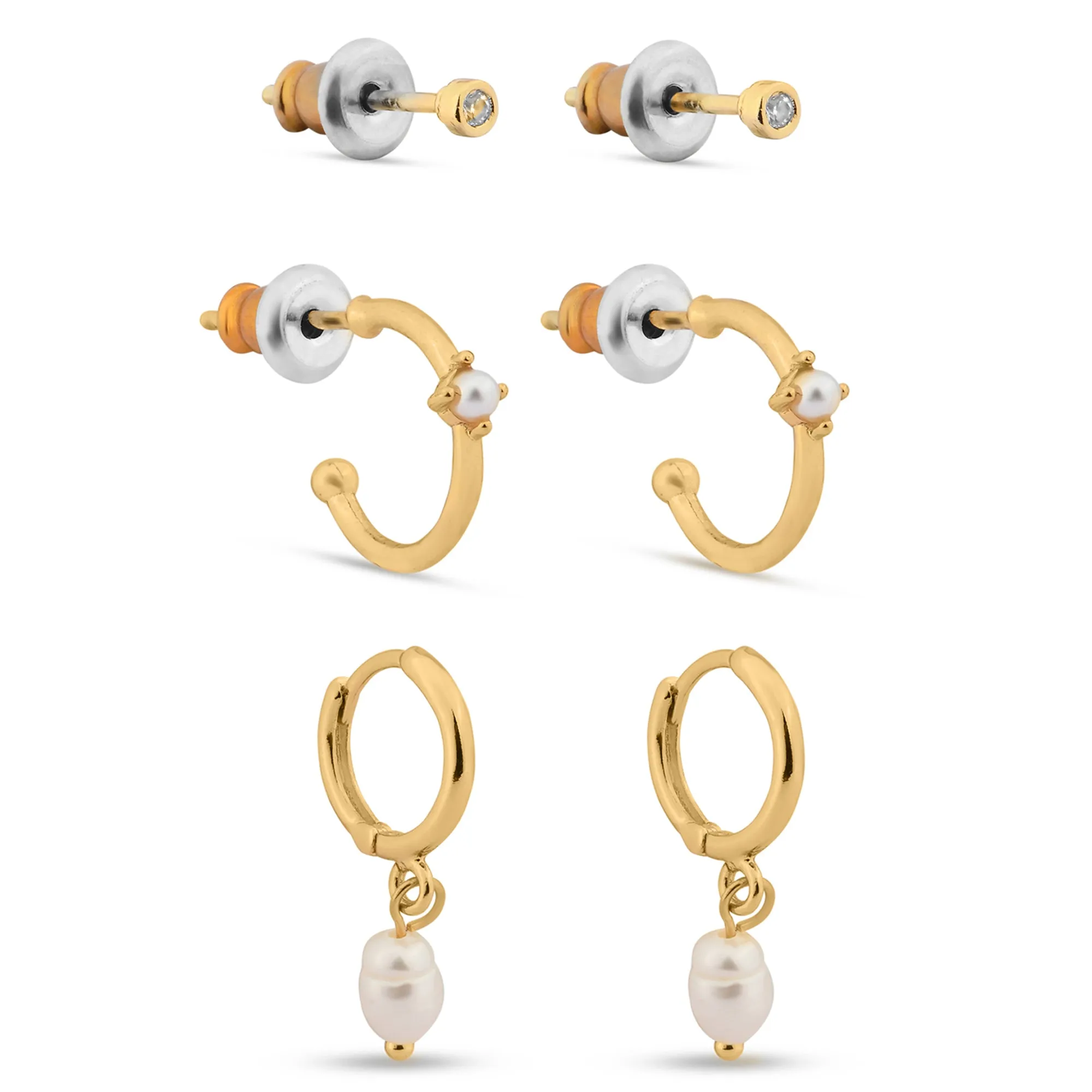 Accessorize London Women's Z Real Gold-Plated Cubic Zirconia Pearl Stud And Hoop Earrings Set Of Three