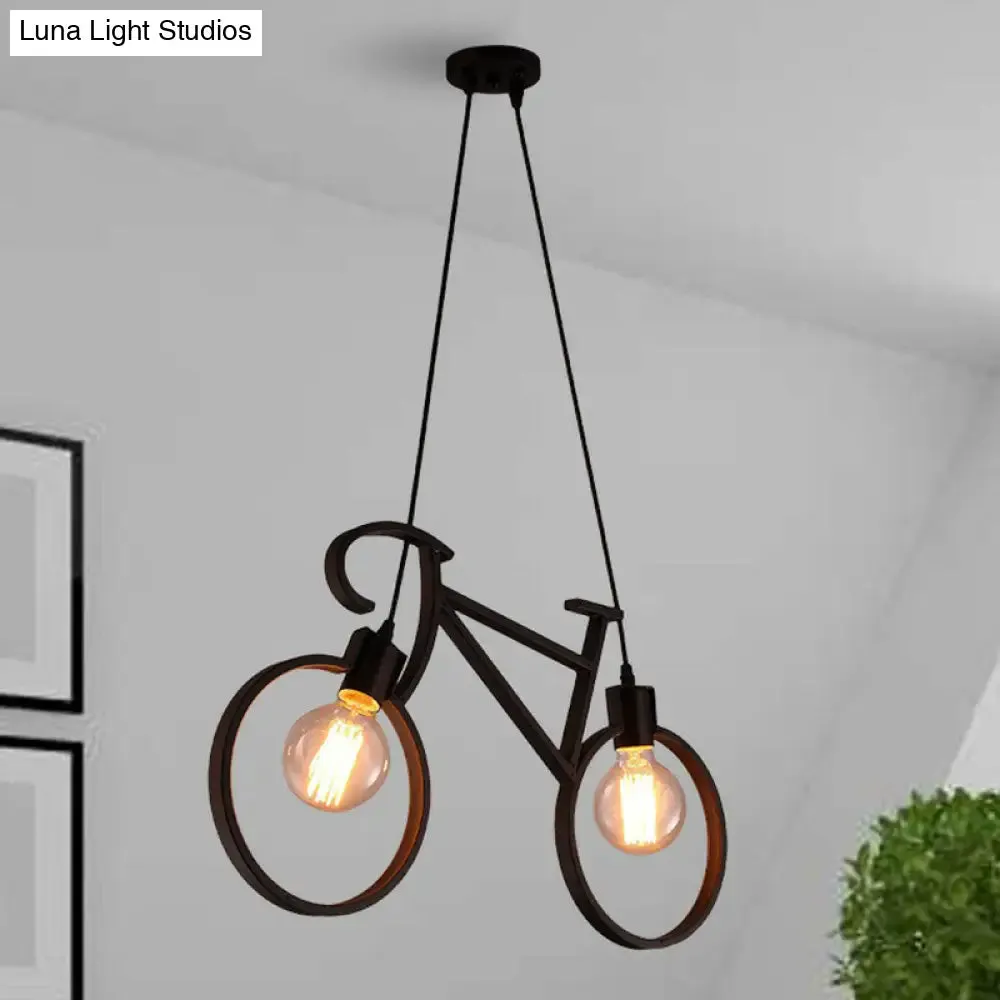 Art Deco Metallic Bicycle Bedroom Pendant Light - 2 Bulbs Suspended Lighting Fixture