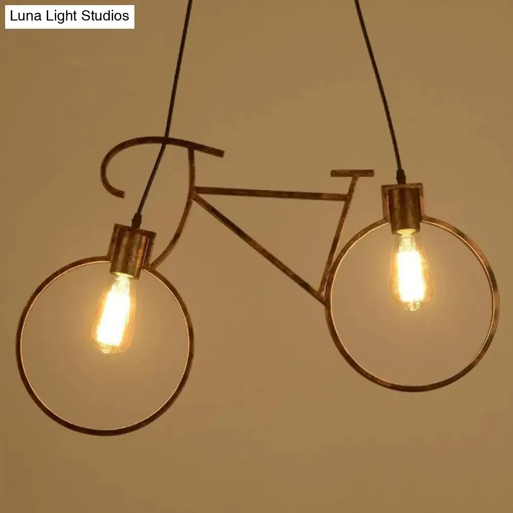 Art Deco Metallic Bicycle Bedroom Pendant Light - 2 Bulbs Suspended Lighting Fixture