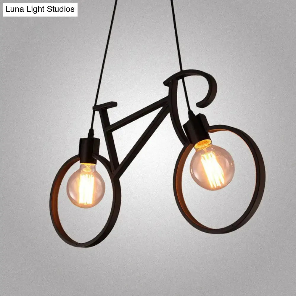 Art Deco Metallic Bicycle Bedroom Pendant Light - 2 Bulbs Suspended Lighting Fixture