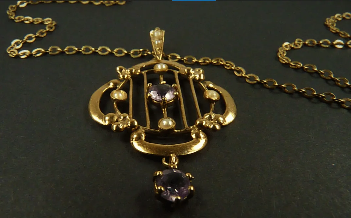 Art Nouveau Hallmarked Gold Seed Pearl And Amethyst Pendant And Chain