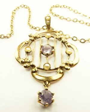 Art Nouveau Hallmarked Gold Seed Pearl And Amethyst Pendant And Chain