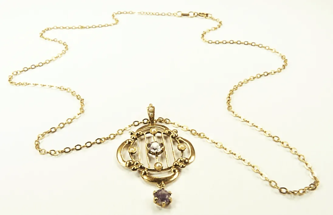 Art Nouveau Hallmarked Gold Seed Pearl And Amethyst Pendant And Chain