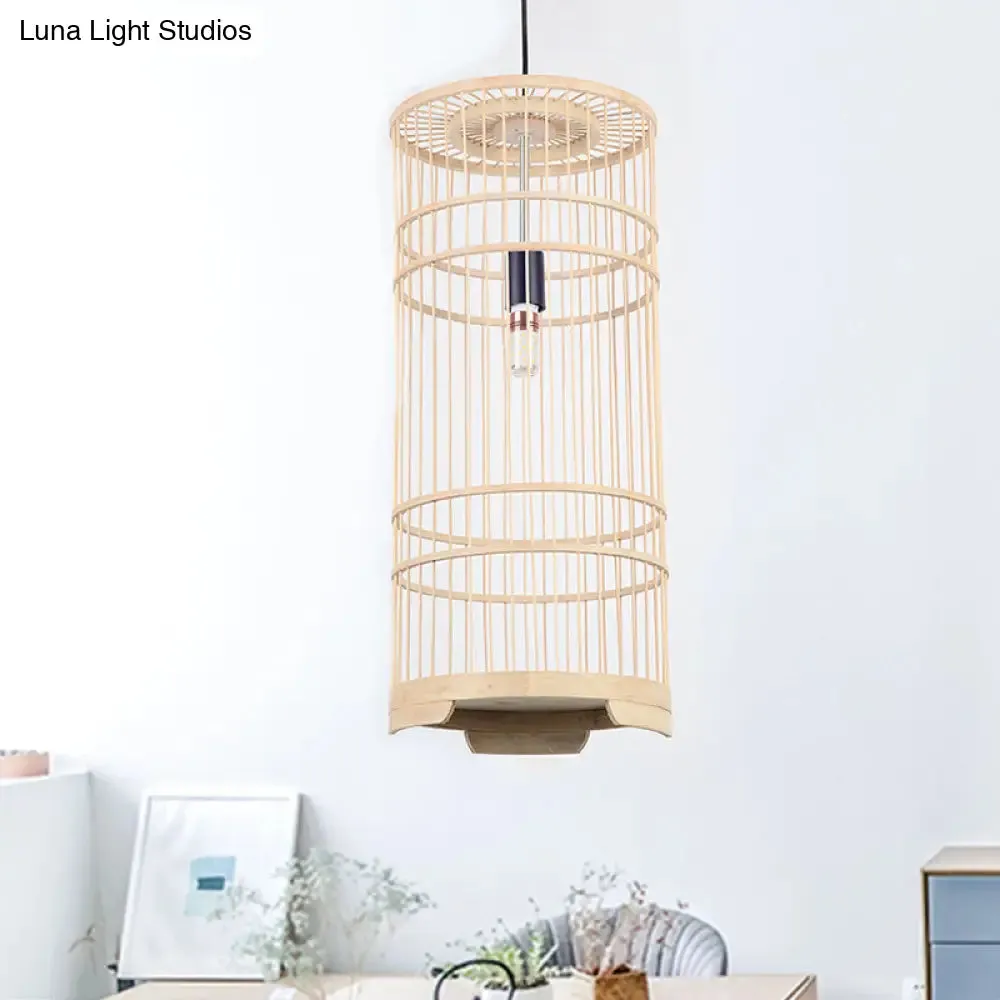 Asian Style Bamboo Pendant Light with Cylindrical Shade - 1-Bulb Beige Lamp for Dining Room