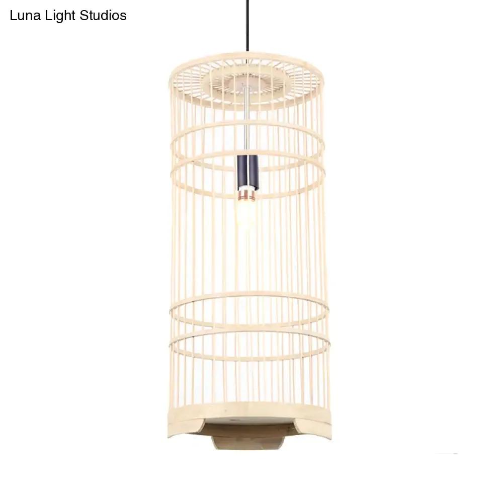 Asian Style Bamboo Pendant Light with Cylindrical Shade - 1-Bulb Beige Lamp for Dining Room