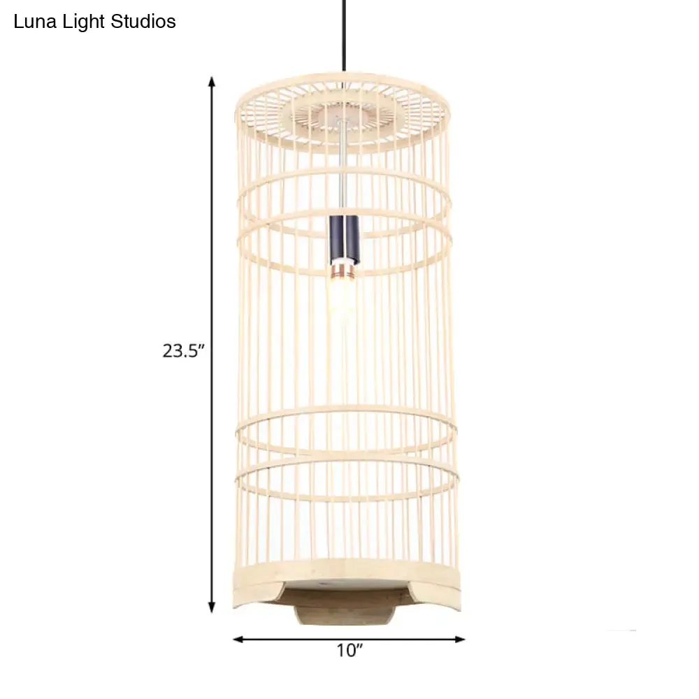 Asian Style Bamboo Pendant Light with Cylindrical Shade - 1-Bulb Beige Lamp for Dining Room