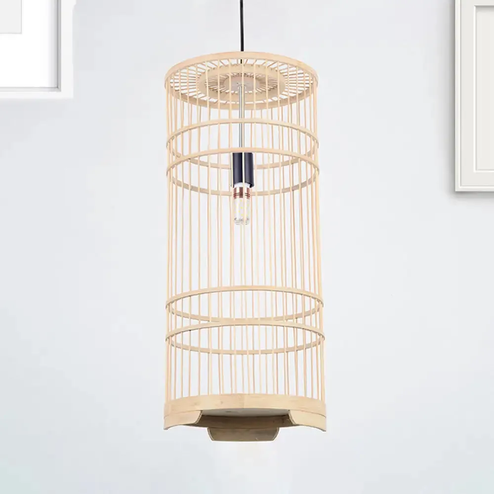 Asian Style Bamboo Pendant Light with Cylindrical Shade - 1-Bulb Beige Lamp for Dining Room