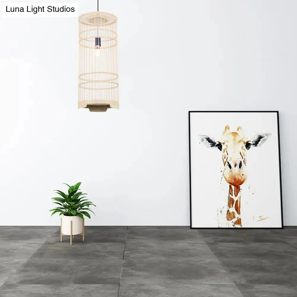 Asian Style Bamboo Pendant Light with Cylindrical Shade - 1-Bulb Beige Lamp for Dining Room