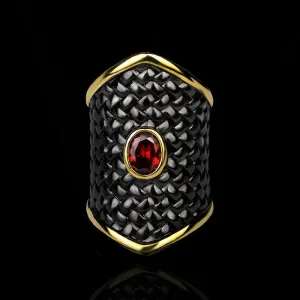 Black Gold Geometric Created Red Garnet Statement Ring