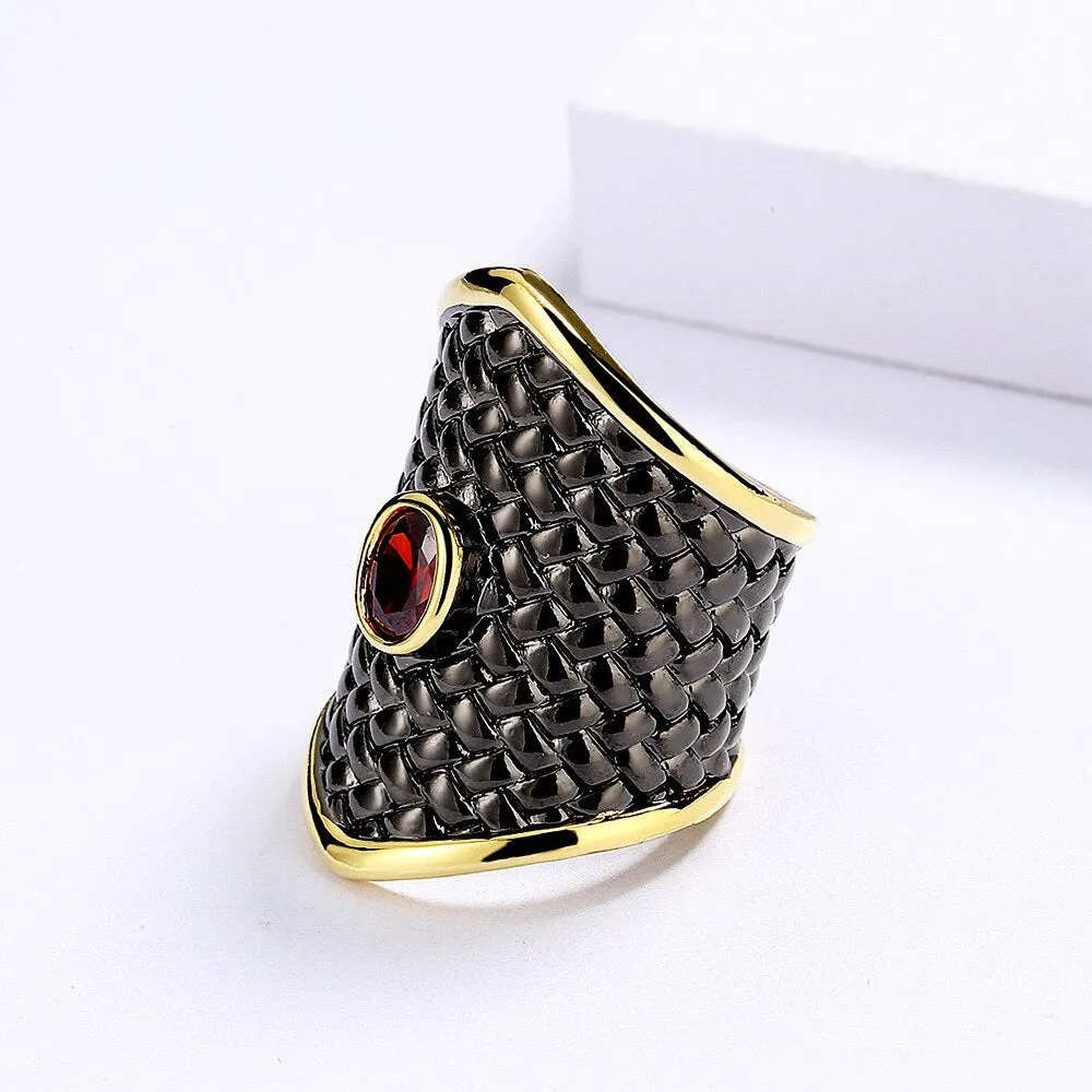 Black Gold Geometric Created Red Garnet Statement Ring