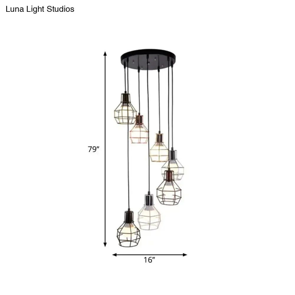 Black Metal 7-Light Pendant Chandelier with Globe Cages - Modern Stairs Ceiling Lamp