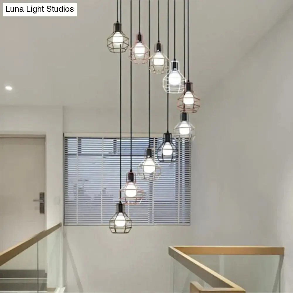 Black Metal 7-Light Pendant Chandelier with Globe Cages - Modern Stairs Ceiling Lamp