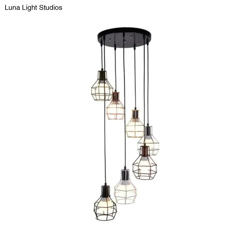 Black Metal 7-Light Pendant Chandelier with Globe Cages - Modern Stairs Ceiling Lamp