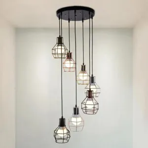 Black Metal 7-Light Pendant Chandelier with Globe Cages - Modern Stairs Ceiling Lamp