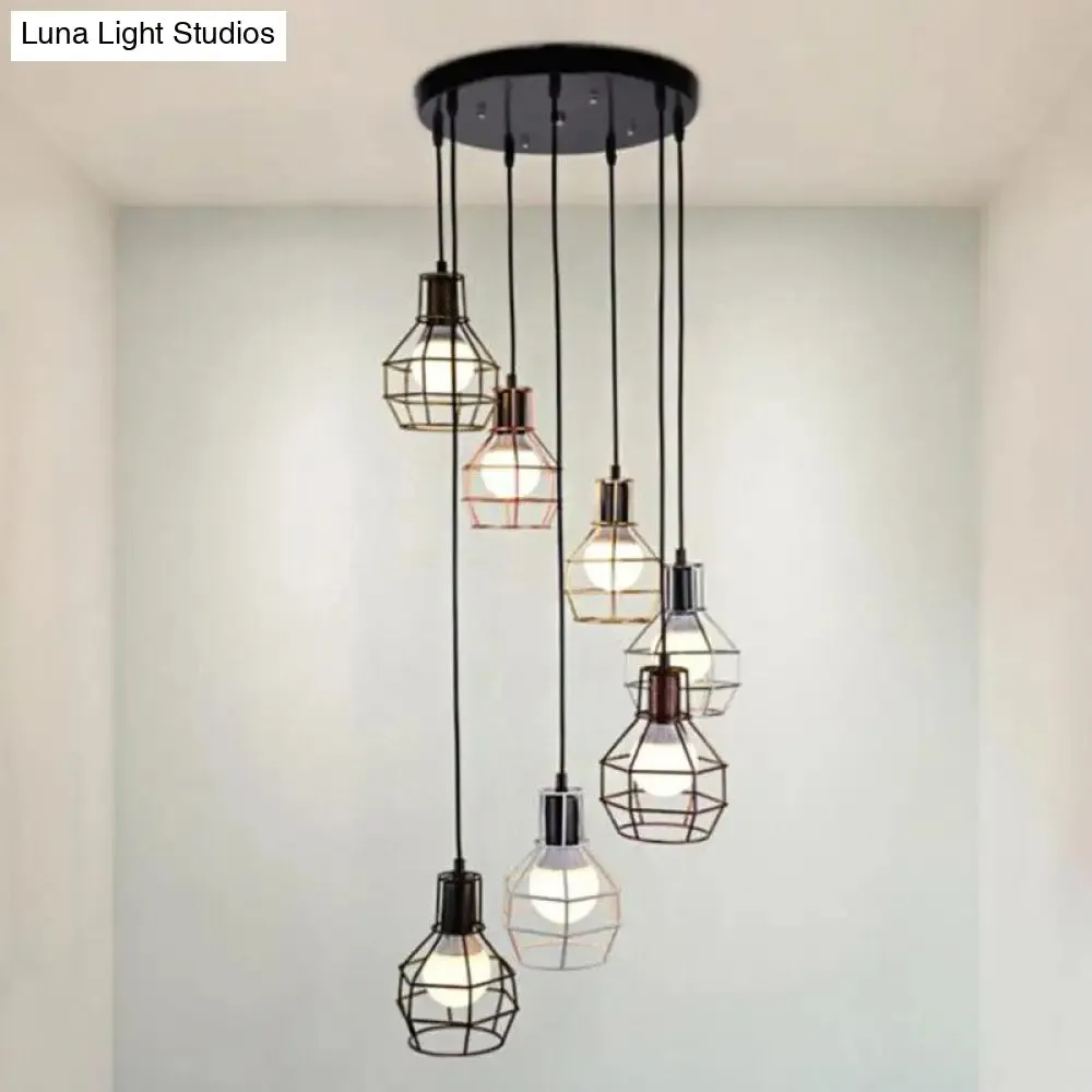 Black Metal 7-Light Pendant Chandelier with Globe Cages - Modern Stairs Ceiling Lamp