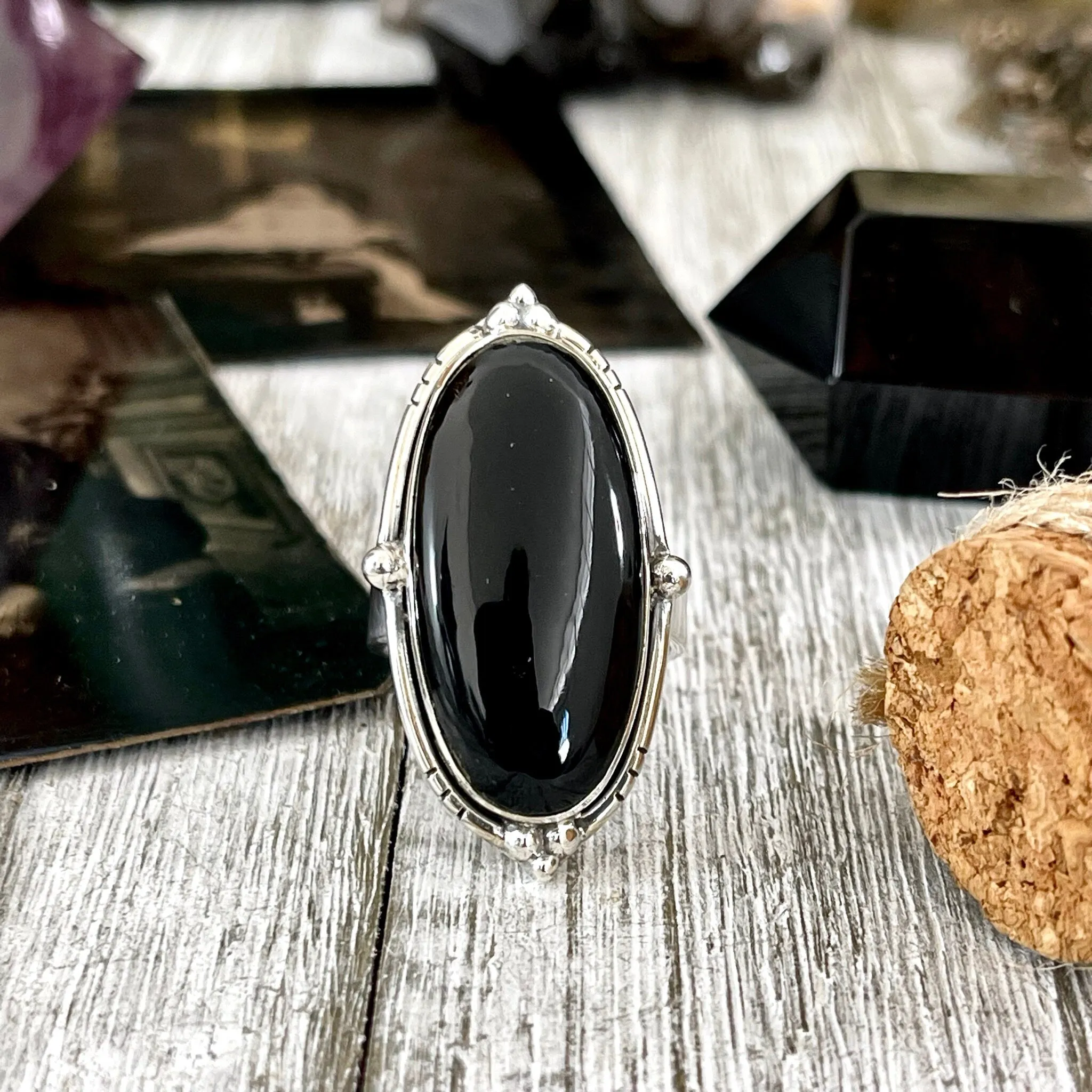 Black Onyx Oval Crystal Statement Ring in Sterling Silver - Designed by FOXLARK Collection Adjustable to Size 6 7 8 9 | Stone Ring