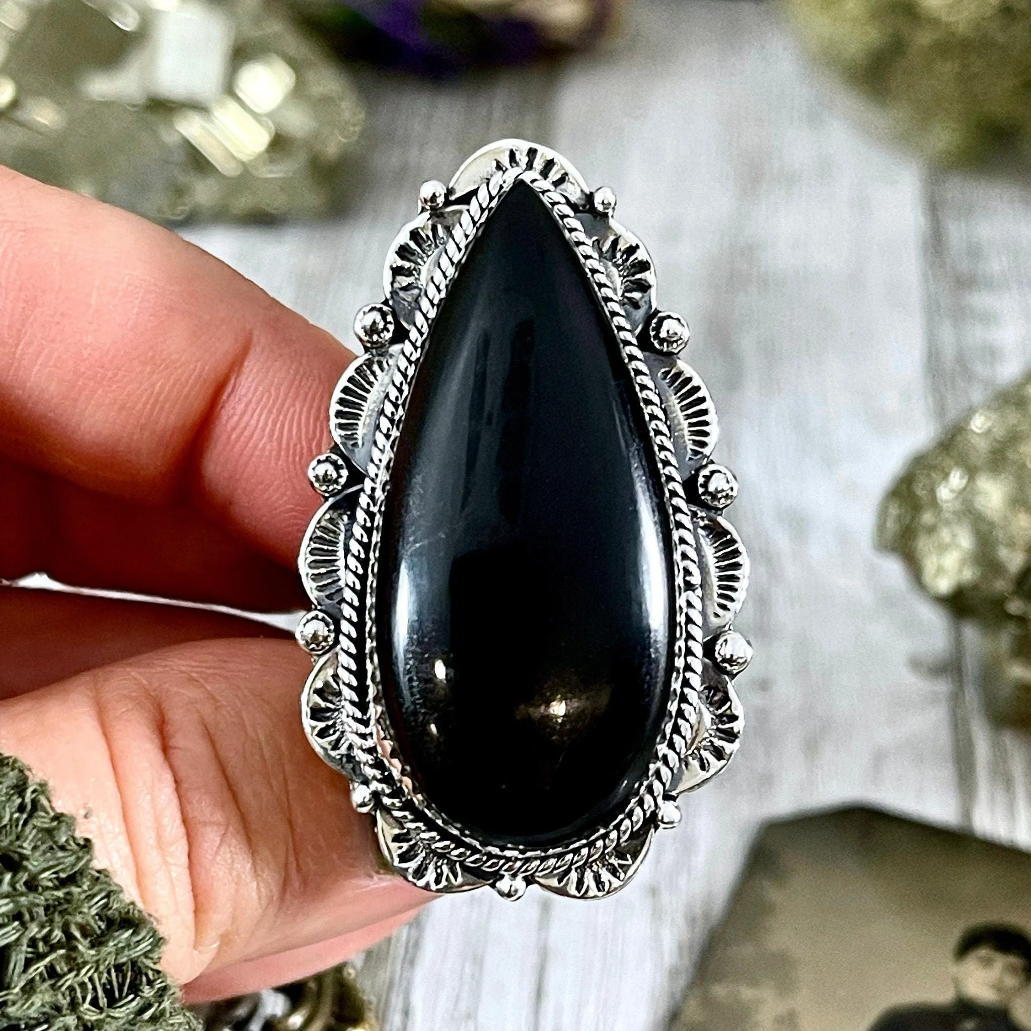 Black Onyx Teardrop Crystal Statement Ring in Sterling Silver- Designed by FOXLARK Collection Adjusts to size 6,7,8,9, or 10