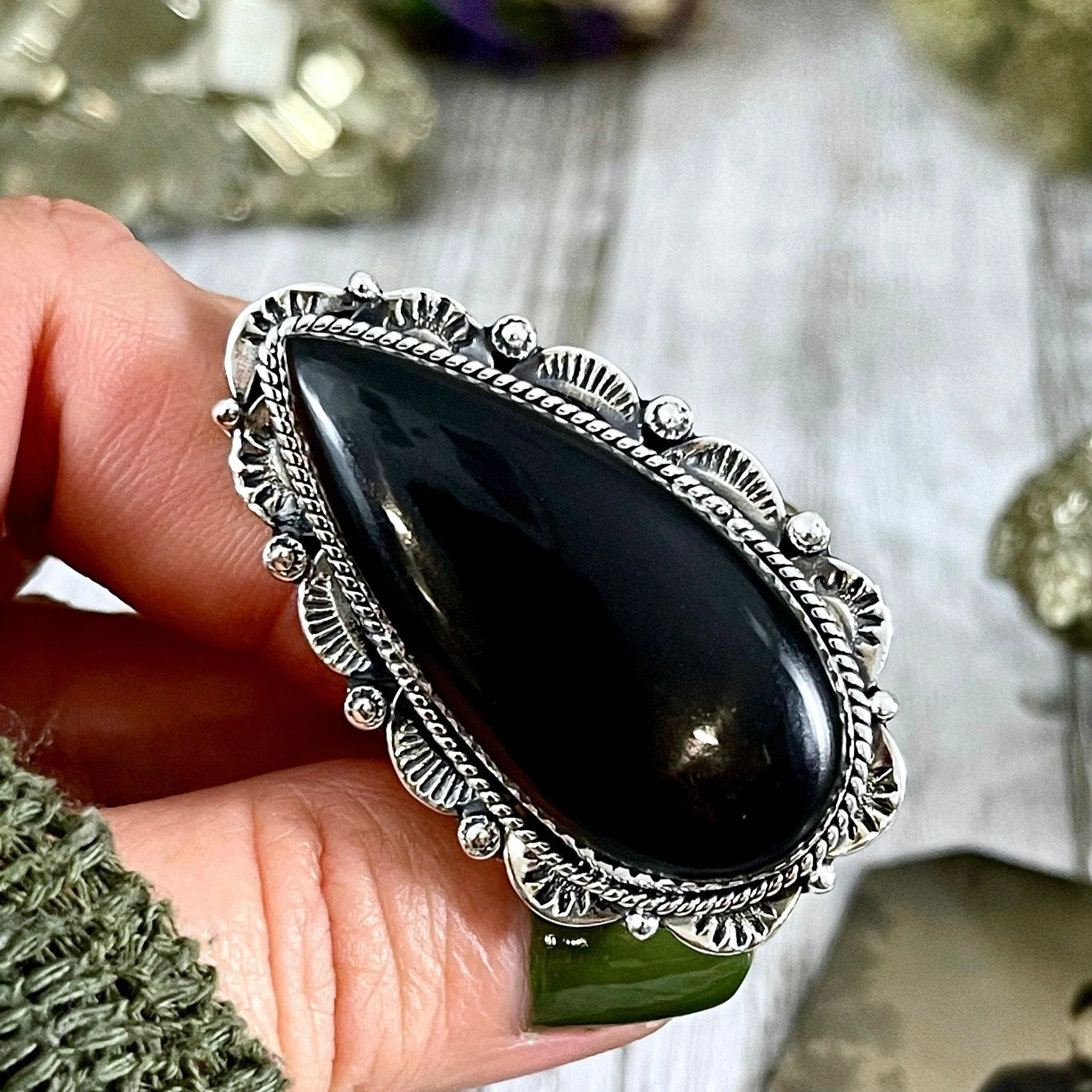 Black Onyx Teardrop Crystal Statement Ring in Sterling Silver- Designed by FOXLARK Collection Adjusts to size 6,7,8,9, or 10