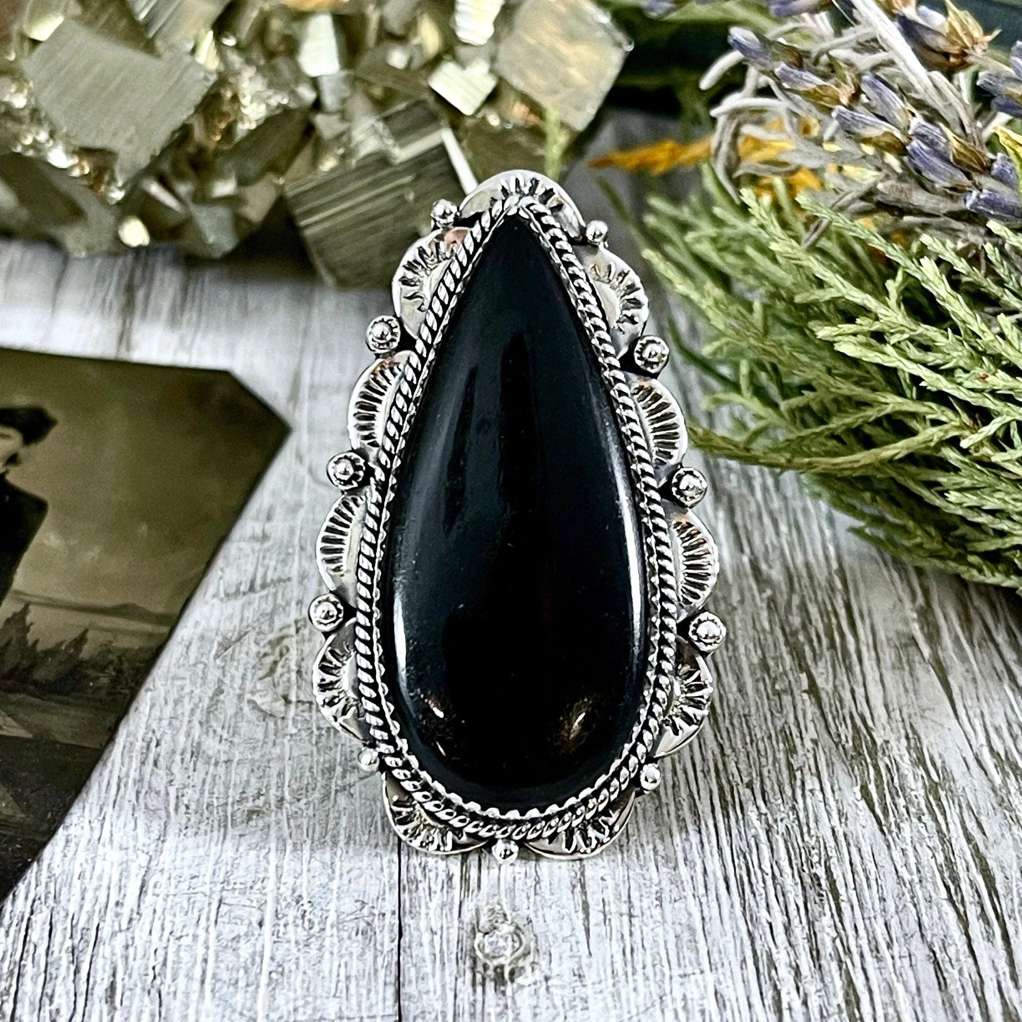 Black Onyx Teardrop Crystal Statement Ring in Sterling Silver- Designed by FOXLARK Collection Adjusts to size 6,7,8,9, or 10