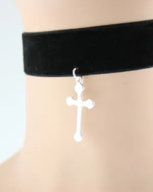 Black Velvet Choker with Large Silver Cross