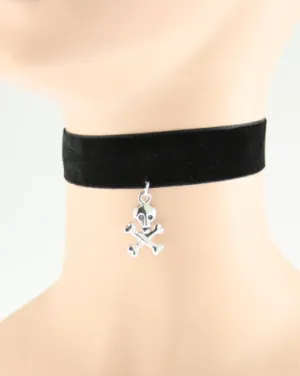 Black Velvet Choker with Silver Skull & Crossbone