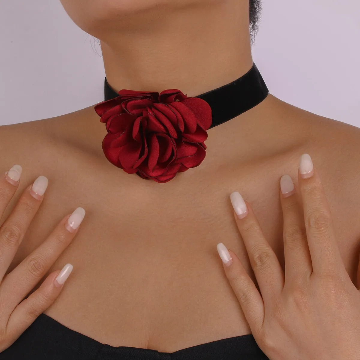 Black Velvet Ribbon Big Flower Chokers Necklace