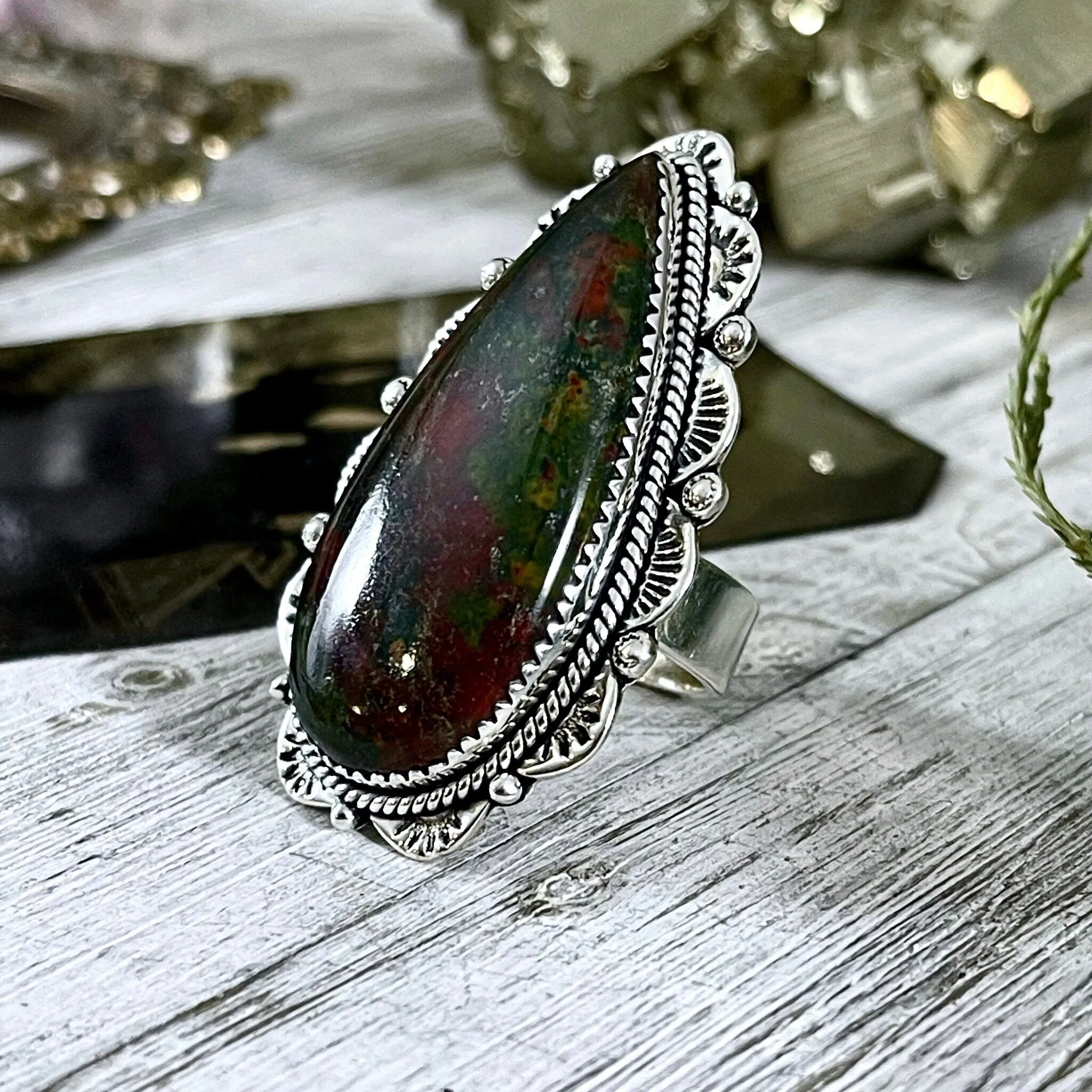 Bloodstone Teardrop Crystal Statement Ring Sterling Silver- Designed by FOXLARK Collection Adjustable Size- Adjustable to Size 6 7 8 9