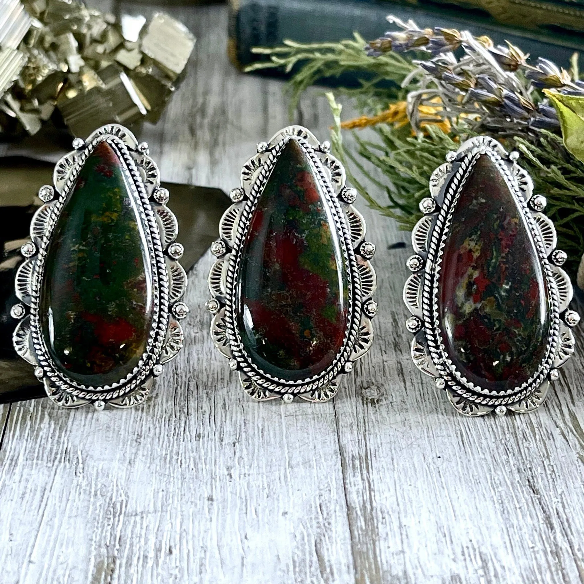 Bloodstone Teardrop Crystal Statement Ring Sterling Silver- Designed by FOXLARK Collection Adjustable Size- Adjustable to Size 6 7 8 9