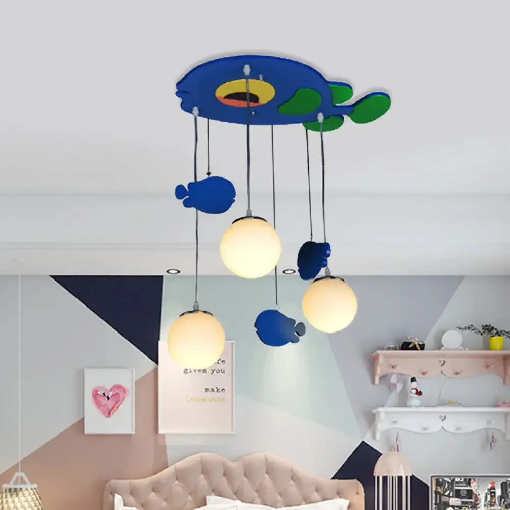 Blue Fish Wooden Pendant Light with Multi Bulbs and White Glass Shade for Kids