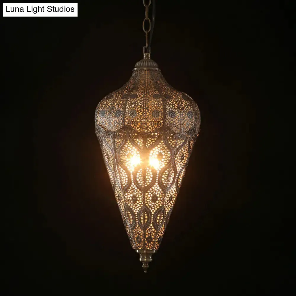 Bronze Iron Hollow Ceiling Light - Classic Single-Bulb Pendant for Restaurants