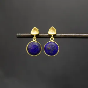 Brushed Gold Round Lapis Lazuli Stud Drop Earrings