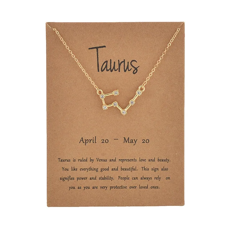 Cardboard Star Zodiac Sign 12 Constellation Necklaces Crystal Charm Chain Choker Necklace for Women Birthday Jewelry Gift